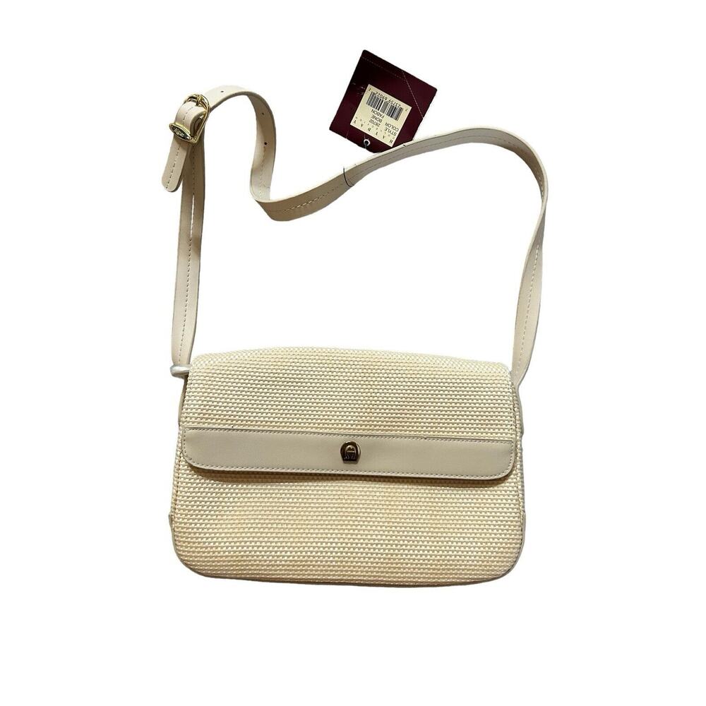 Etienne Aigner Woven Cream Snap‎ Close Leather Strap Crossbody Bag New